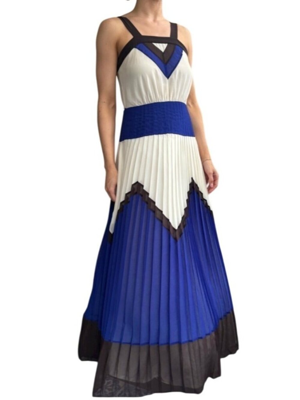 Milly Pleated Maxi Dress Size 8 Colorblock Blue White Belted Pleat Silk Blend